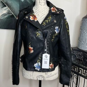 NEW - HommyShop Faux Leather Floral Embroidered Biker Jacket